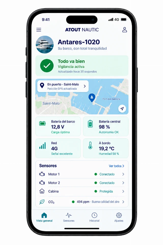 Maqueta de la aplicación Atout Nautic en iPhone: vigilancia activa e indicadores positivos.