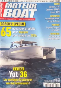 Couverture du magazine Moteur Boat dans lequel un article parle de la solution connectée Alarme pour bateau Atout Nautic