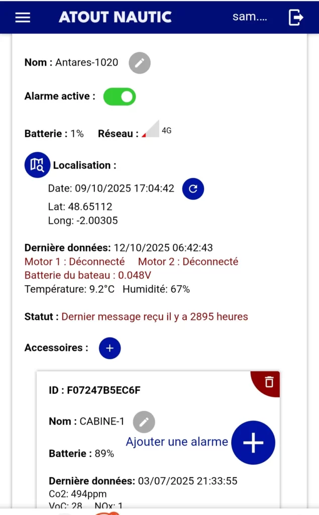 Capture d'écran de l'alarme connecté